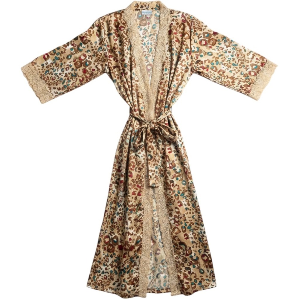 Lane Bryant Long Robe Plus Size Tan Leopard Print Lace Trim Satin Glam Mobwife